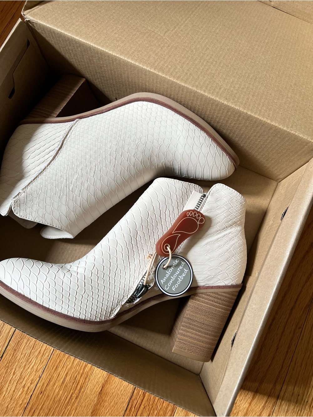 MIA White Faux-Snakeskin Ankle Booties with Stacked Heel